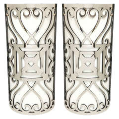 Monumental Polished Iron Art Deco Sconces with Opaline Glass