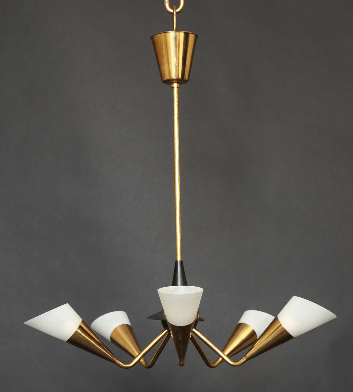 Brass "V" Arm Chandelier with Ribbed Glass Shades
