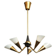 Brass "V" Arm Chandelier with Ribbed Glass Shades Brass "V" Arm Chandelier with Ribbed Glass Shades