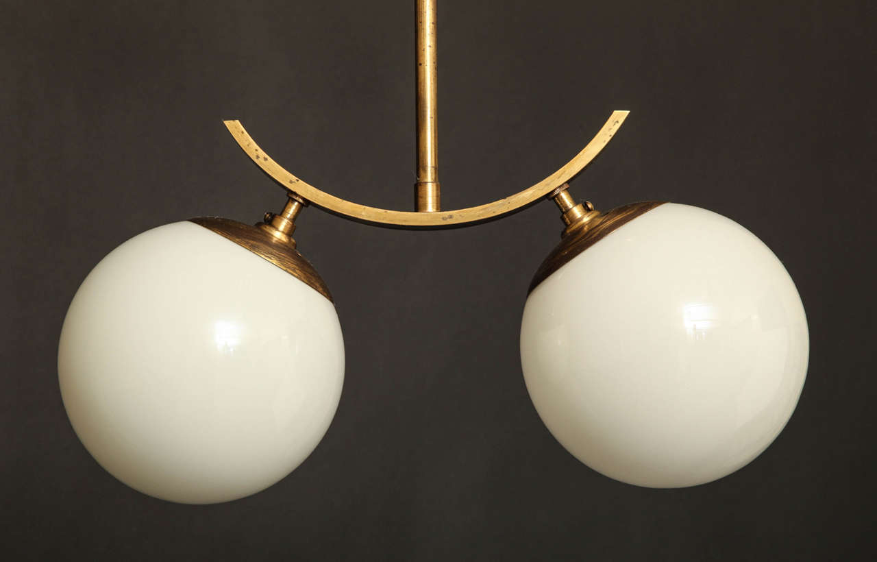 Mid-Century Modern Opaline Spheres and Brass Two-Light Pendant For Sale