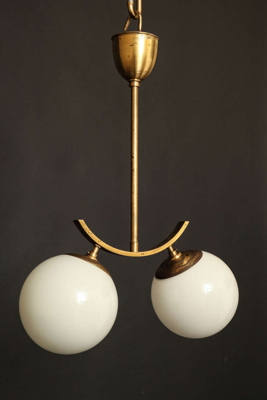 20th Century Opaline Spheres and Brass Two-Light Pendant For Sale