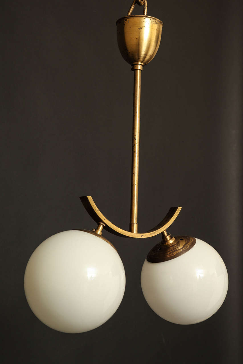 Opaline Spheres and Brass Two-Light Pendant For Sale 3