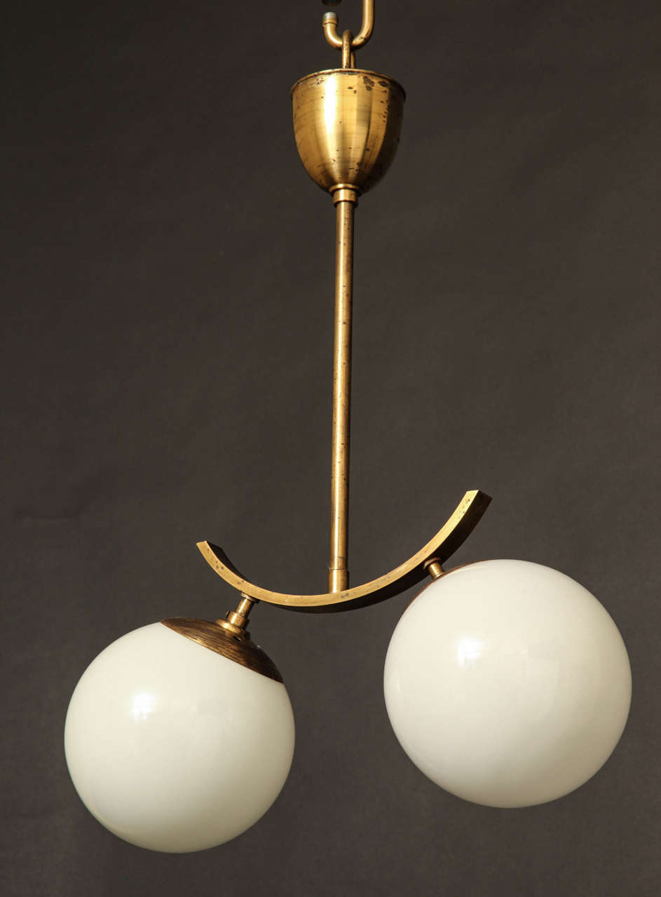 Opaline Spheres and Brass Two-Light Pendant For Sale 4