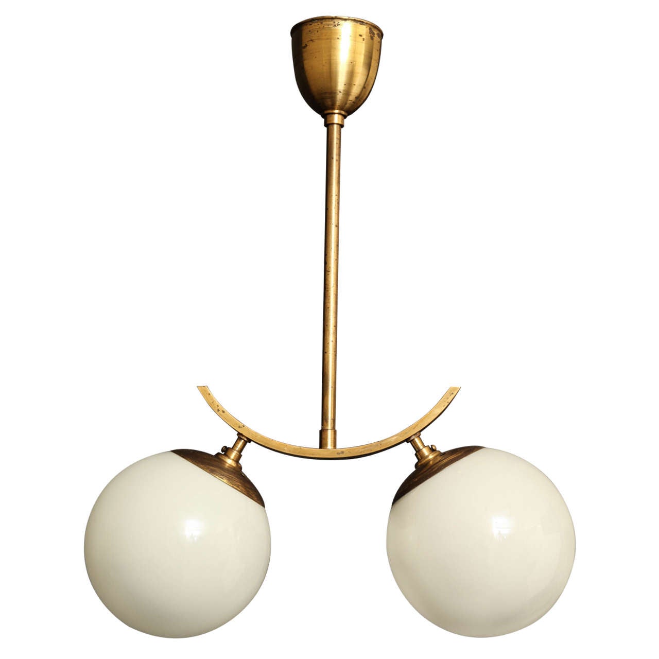 Opaline Spheres and Brass Two-Light Pendant For Sale