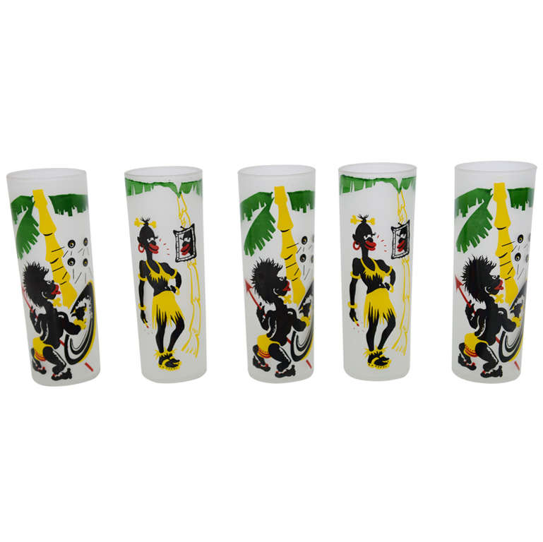 Vintage "Black Americana TIKI Tropical Native " Frosted Glasses For