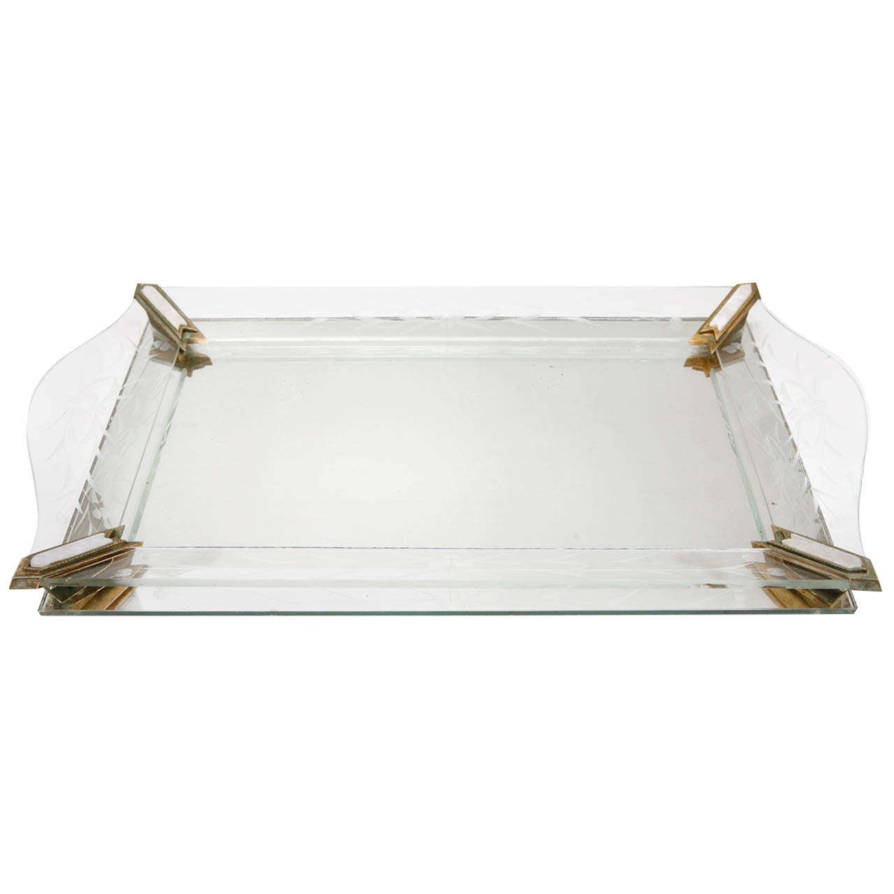 Glass and Mirror Tray with Bronze and Mother-of-Pearls Details