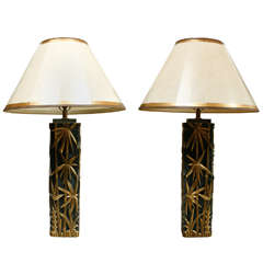 C. 1940 Pair of Carved Wooden Lamps with Gilded Accents
