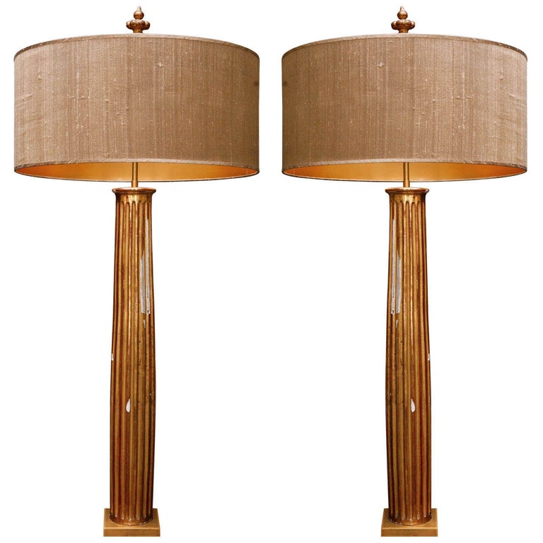 Pair of French Gold Gilded Column Lamps For Sale