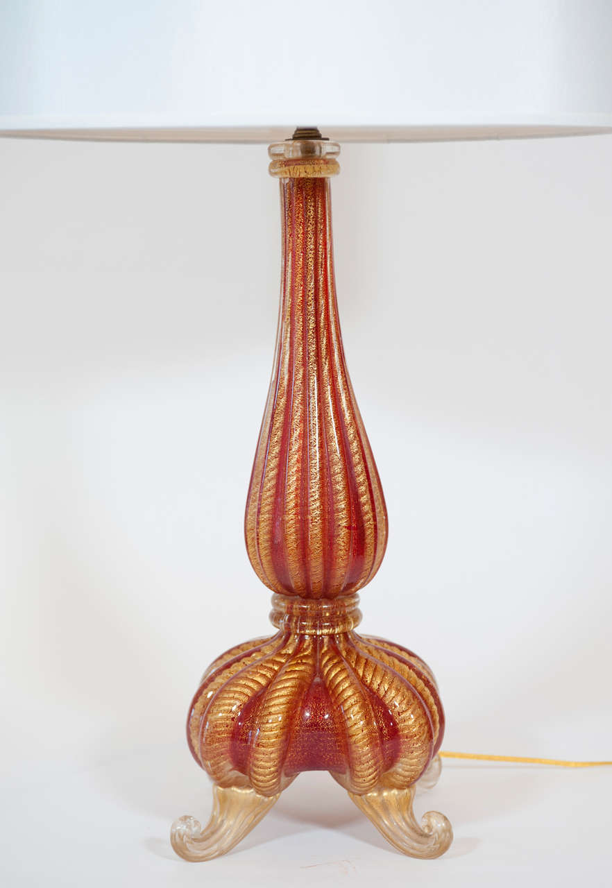 Italian Pair of Barovier Red and Gold Lamps