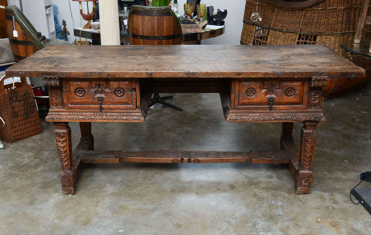 Wonderfully aged and beautifully handcrafted monk's desk. Two drawers. From a Spanish monastery.