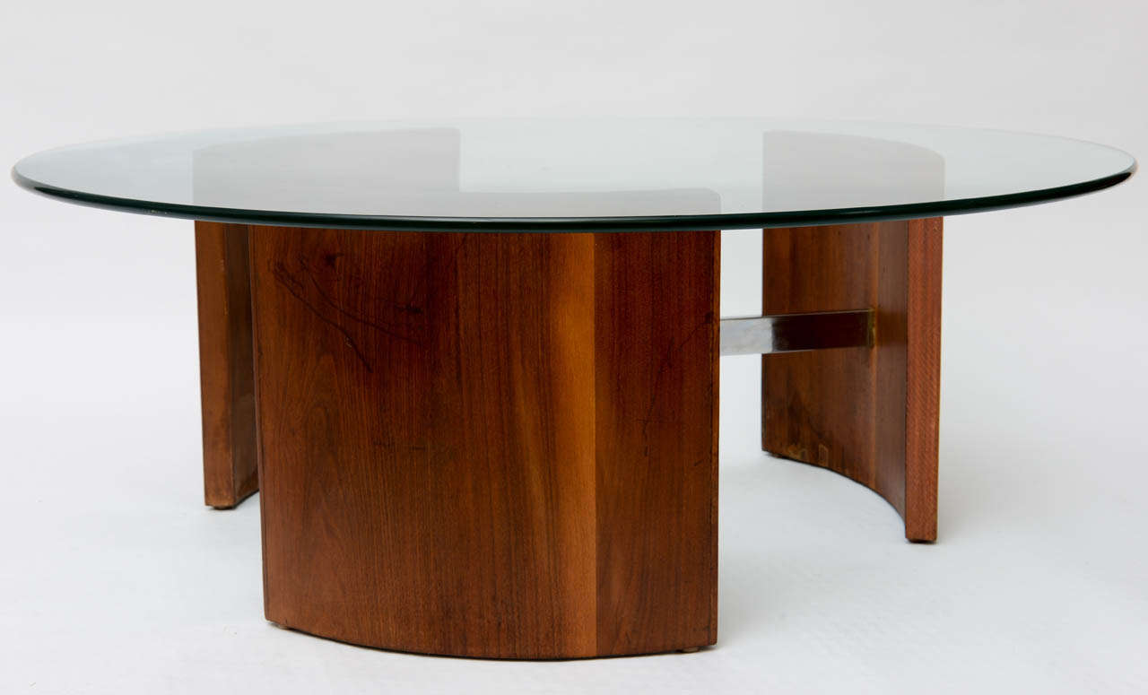 Glass Radial Coffee Table in Walnut and Steel