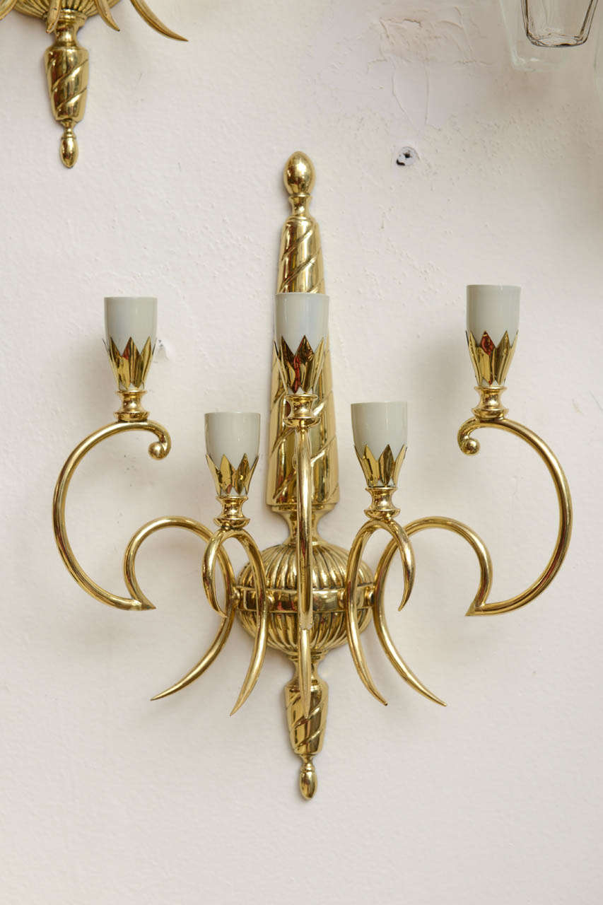 Polished Pair of Art Deco Italian 5 Light Brass Sconces Wall Lights For Sale