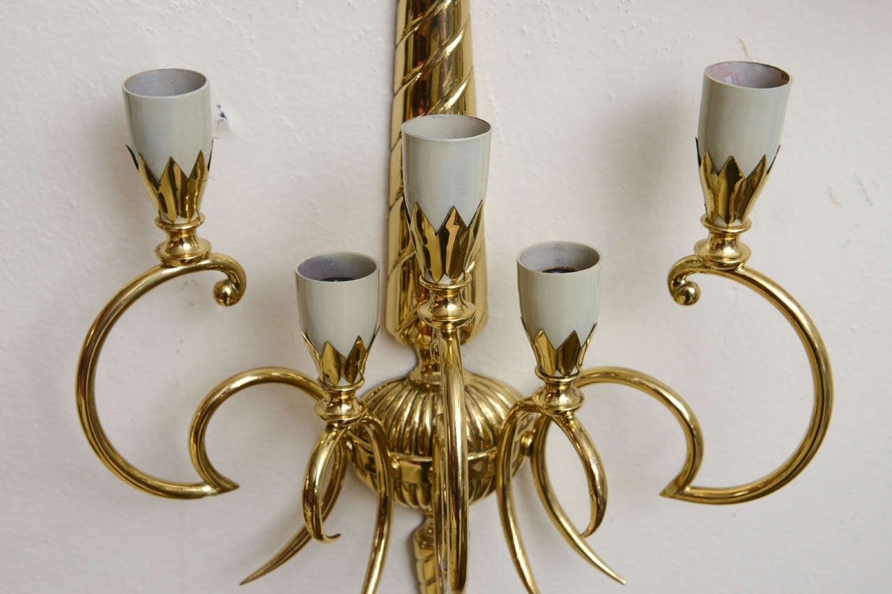 Mid-20th Century Pair of Art Deco Italian 5 Light Brass Sconces Wall Lights For Sale