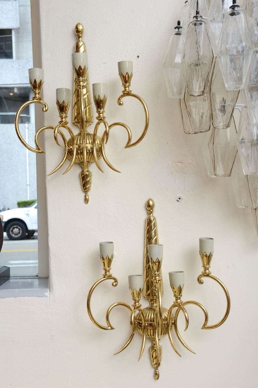 Pair of Art Deco Italian 5 Light Brass Sconces Wall Lights For Sale 2