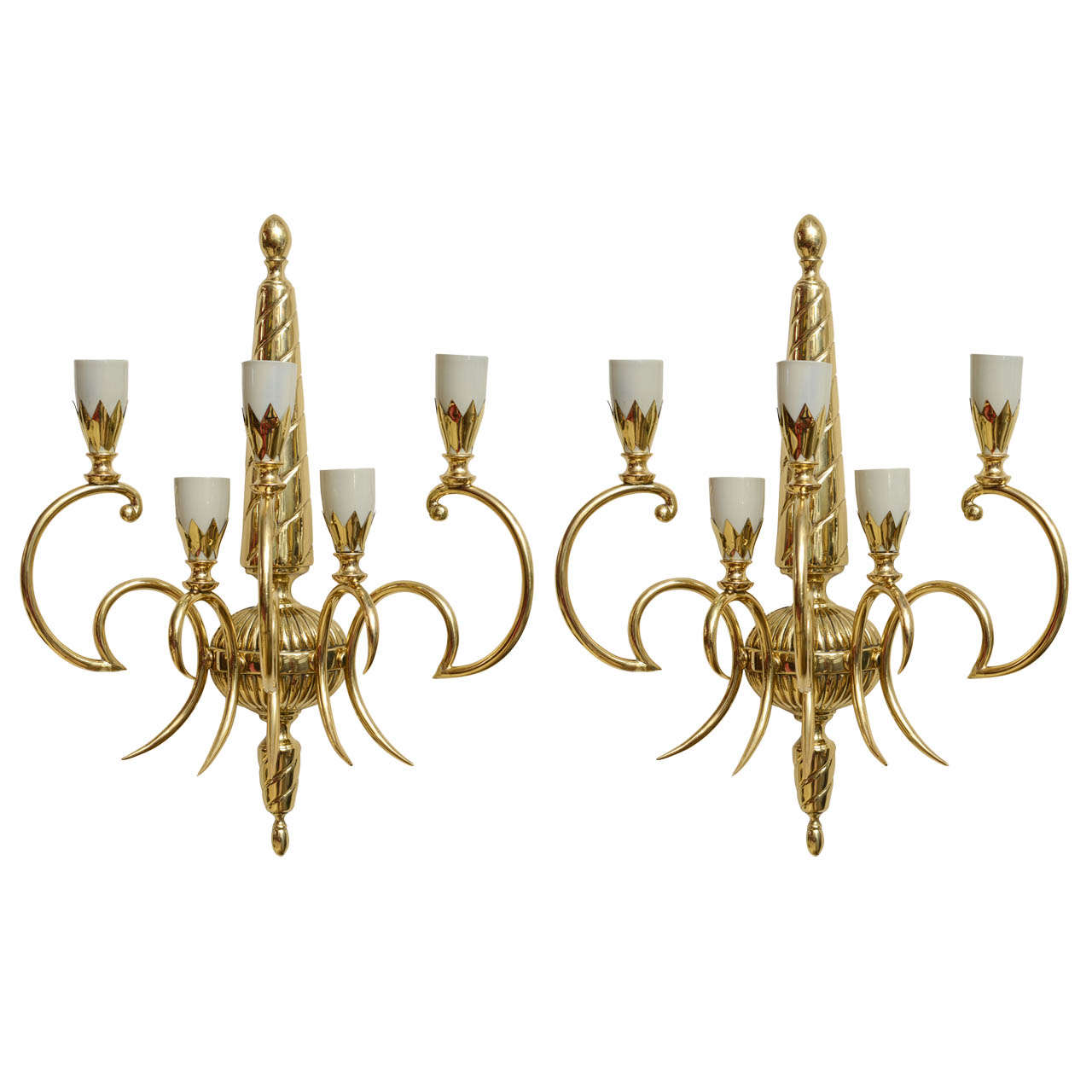 Pair of Art Deco Italian 5 Light Brass Sconces Wall Lights For Sale