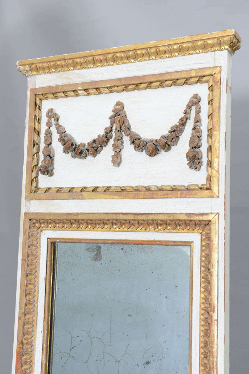 Narrow 19c. Painted and Parcel Gilt French Trumeau Mirror In Distressed Condition For Sale In West Palm Beach, FL