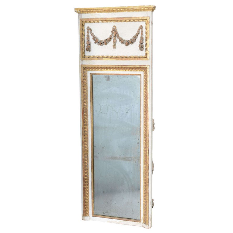 Narrow 19c. Painted and Parcel Gilt French Trumeau Mirror For Sale