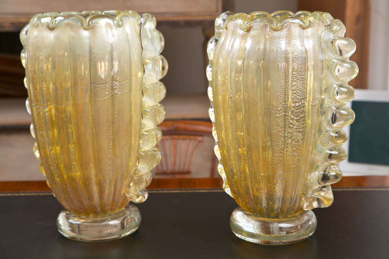 A pair of heavily gold and silver blown vases with clear ribbed sides, 1980's, attributed to Seguso from the 1980's