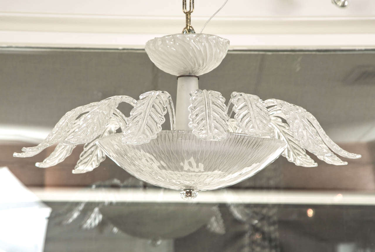 Charming vintage Murano ceiling fixture comprised of shimmery textured blown glass and 15 feathered stems. Note elegant opaque stem and canopy. Comprised of a total of 19 blown parts