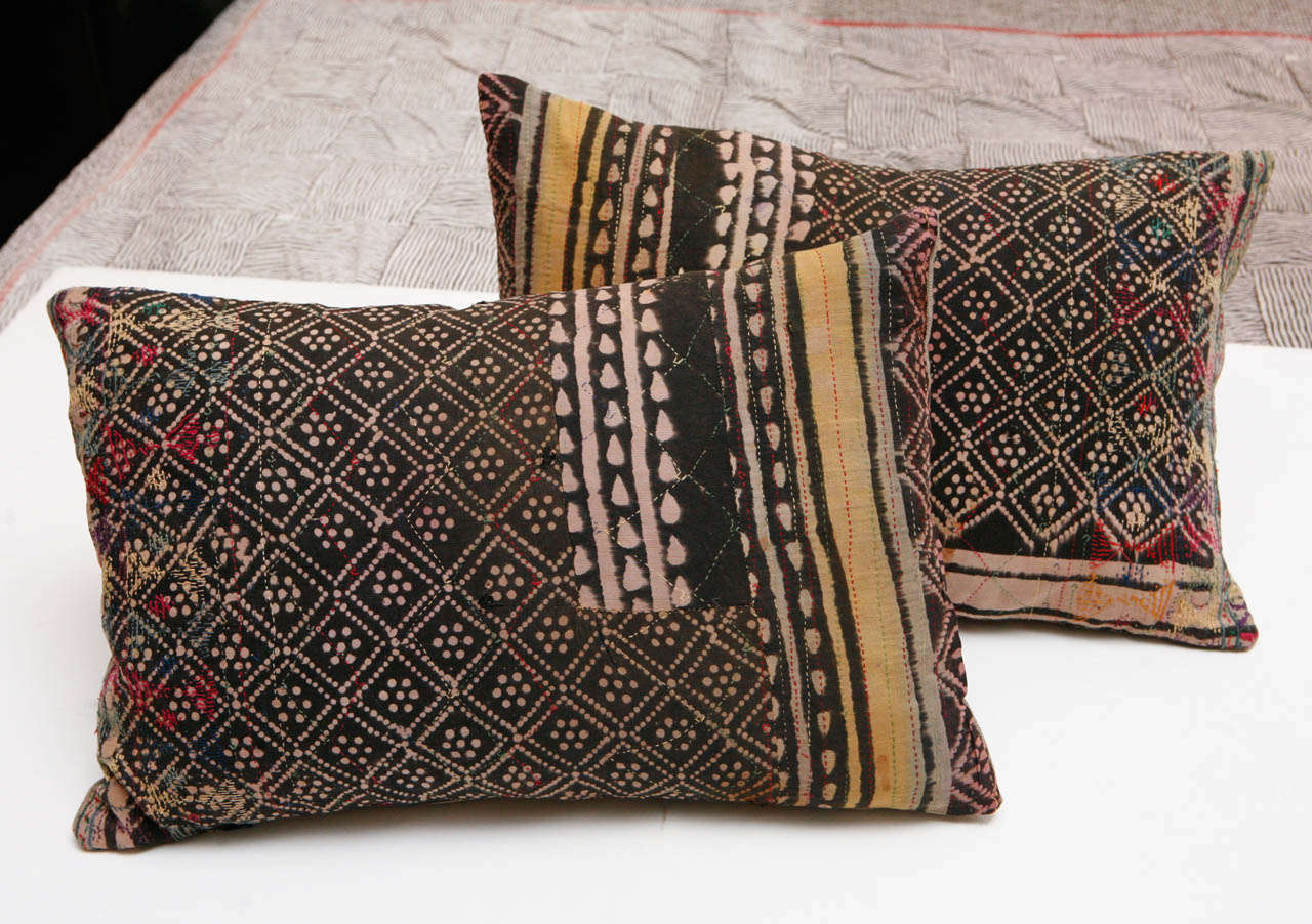 Indian Patchwork Blockprint Cotton Pillows w/ Embroidered Details.