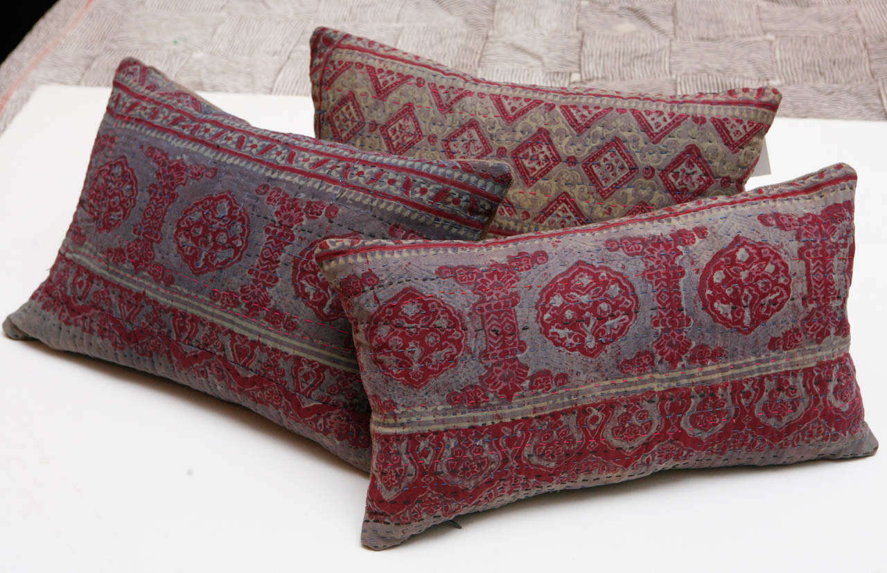 Vintage block printed cotton with all over quilting stitches.  Kutch, Gujarat, India.  Burgundy red and gray.   Linen backs.  Invisible zippers.  Feather and down fill. 
Priced individually @ $575 each. 
2   12