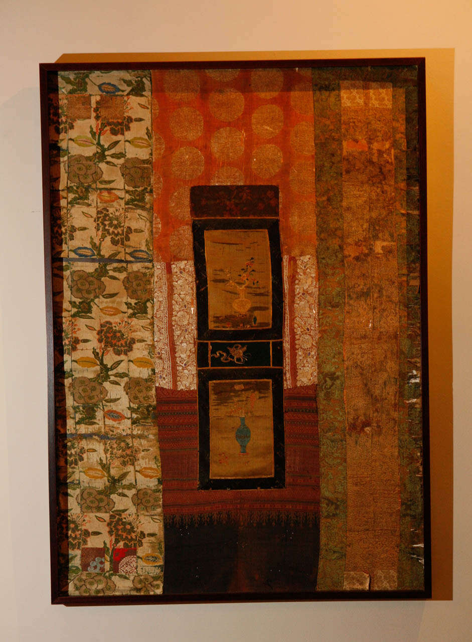 Collage of antique Chinese fabrics, newly framed. Visit the Paul Marra storefront to see more furnishings and lighting including 21st Century.