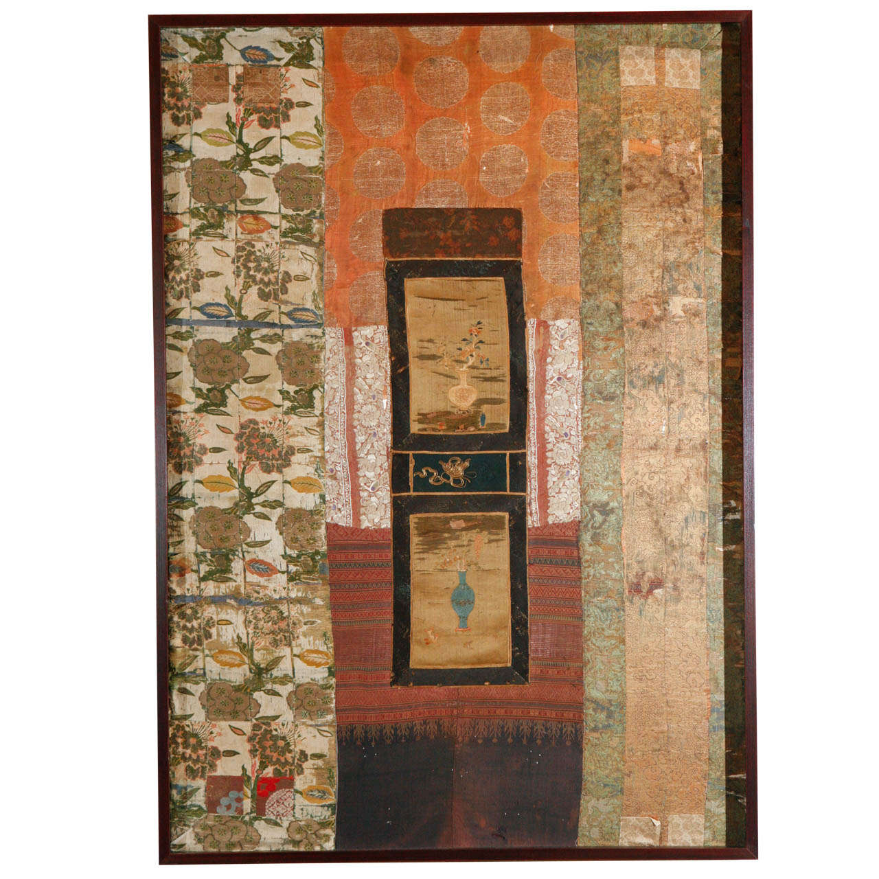 Large Framed Collage of Antique Chinese Fabrics