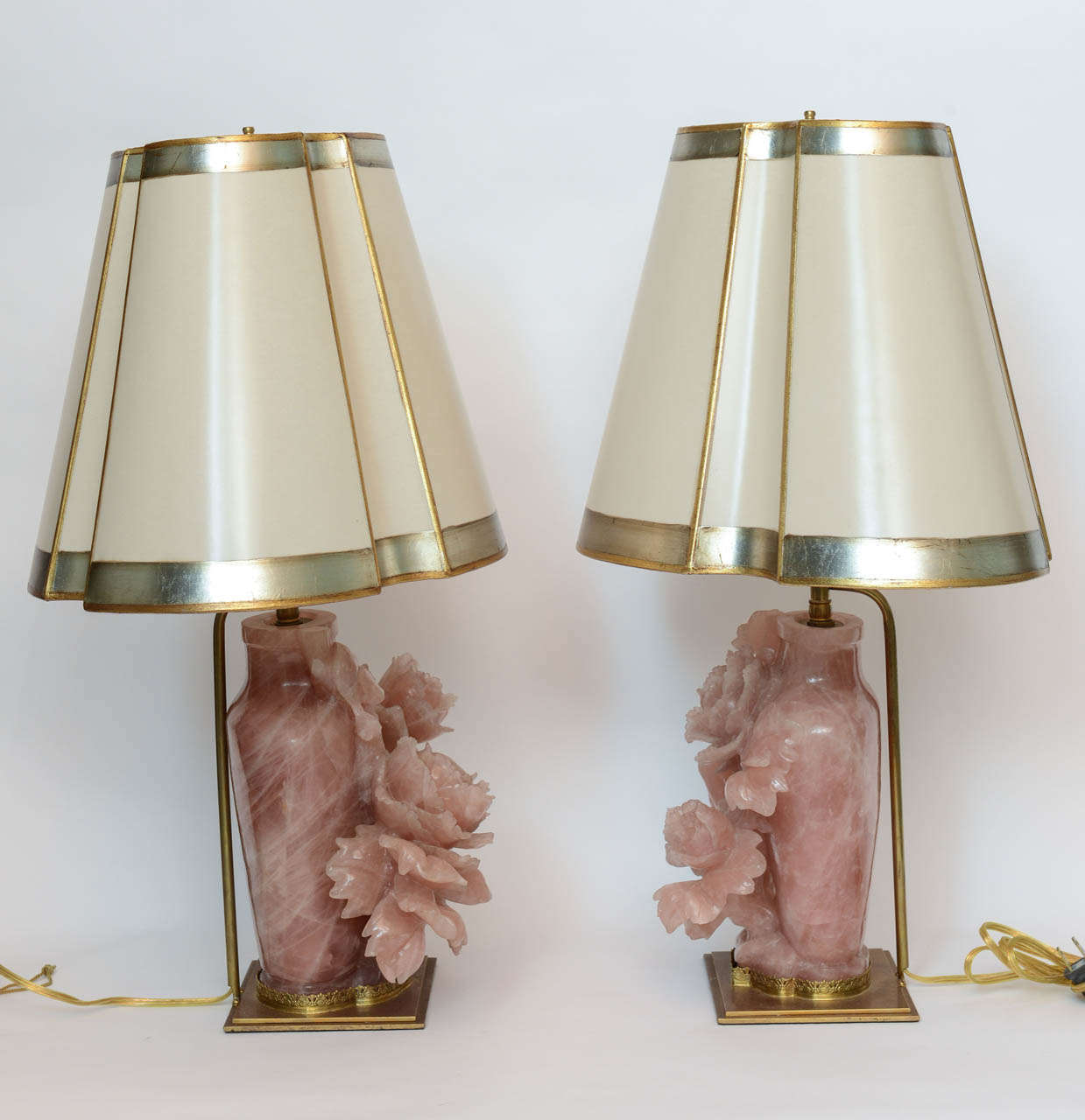 Pair of Chinese Carved Rose Quartz Vases with Birds and Flowers Lamps In Excellent Condition For Sale In Palm Beach, FL