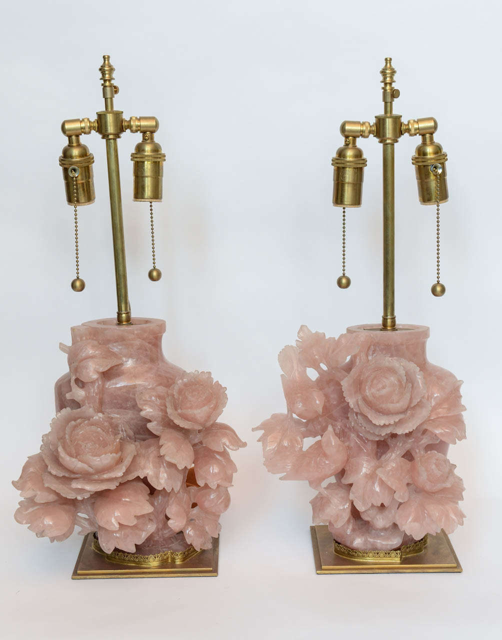 Pair of Chinese Carved Rose Quartz Vases with Birds and Flowers Lamps For Sale 2