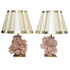 Pair of Chinese Carved Rose Quartz Vases with Birds and Flowers Lamps 1