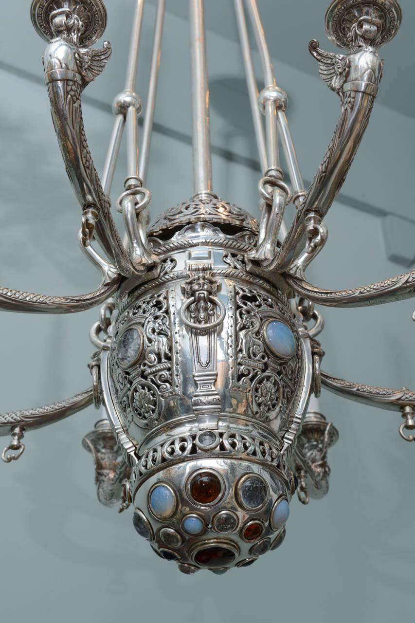 Silver Bronze Neo-Gothic/Moorish Chandeliers Attributed to Tiffany Studios In Excellent Condition For Sale In Palm Beach, FL