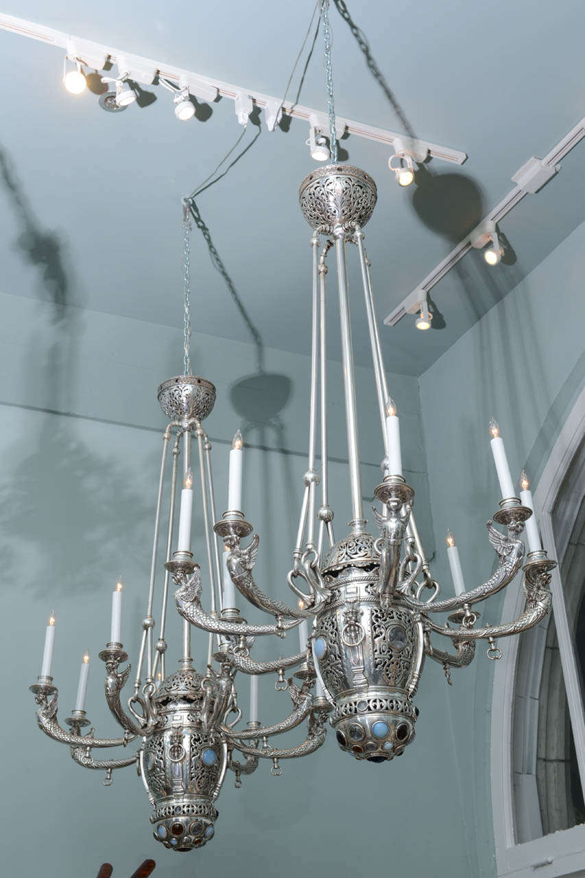 Silver Bronze Neo-Gothic/Moorish Chandeliers Attributed to Tiffany Studios For Sale 5