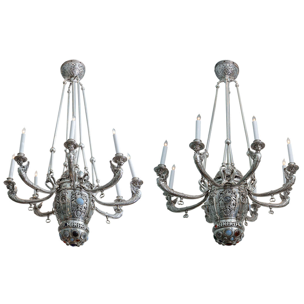 Silver Bronze Neo-Gothic/Moorish Chandeliers Attributed to Tiffany Studios For Sale