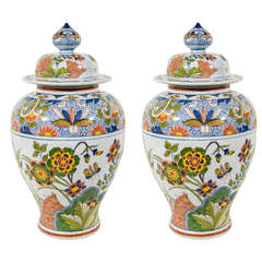 Pair of Antique Dutch Delft Covered Vases