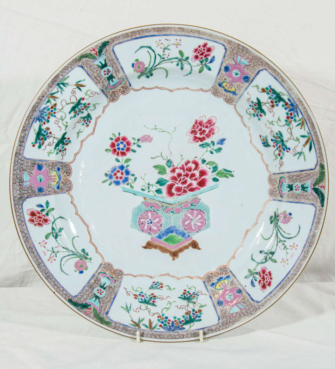 Large Antique Chinese Porcelain Famille Rose Charger In Excellent Condition In Katonah, NY