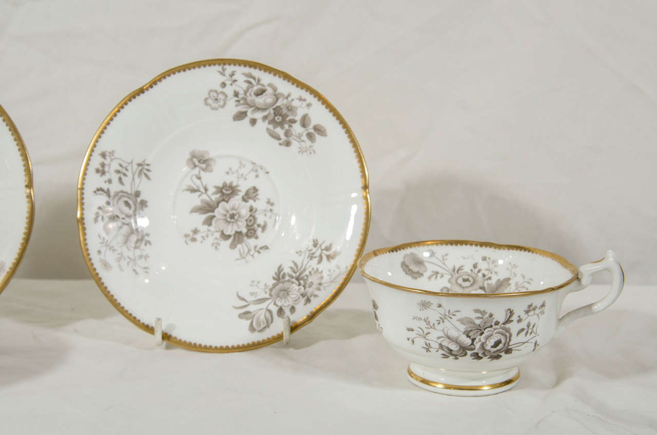 Set of Eight Large English Cups and Saucers with Flowers Painted in Gray