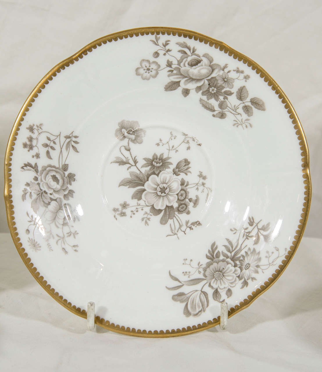 Early Victorian Set of Eight Large English Cups and Saucers with Flowers Painted in Gray