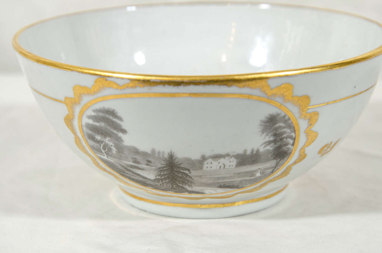 English Small Antique Porcelain Bowl with Landscapes and a Scene of a Sailing Ship