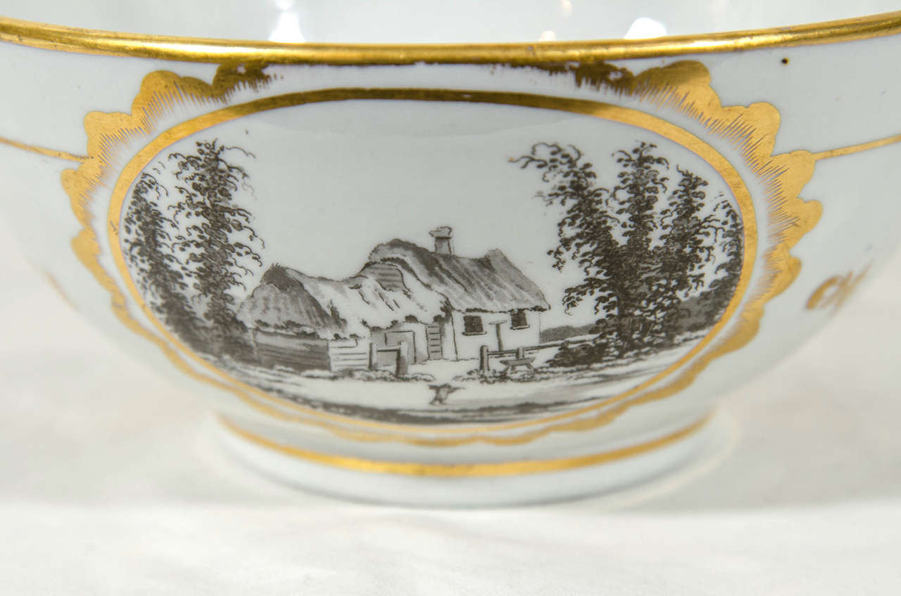Neoclassical Small Antique Porcelain Bowl with Landscapes and a Scene of a Sailing Ship