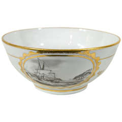 Small Antique Porcelain Bowl with Landscapes and a Scene of a Sailing Ship