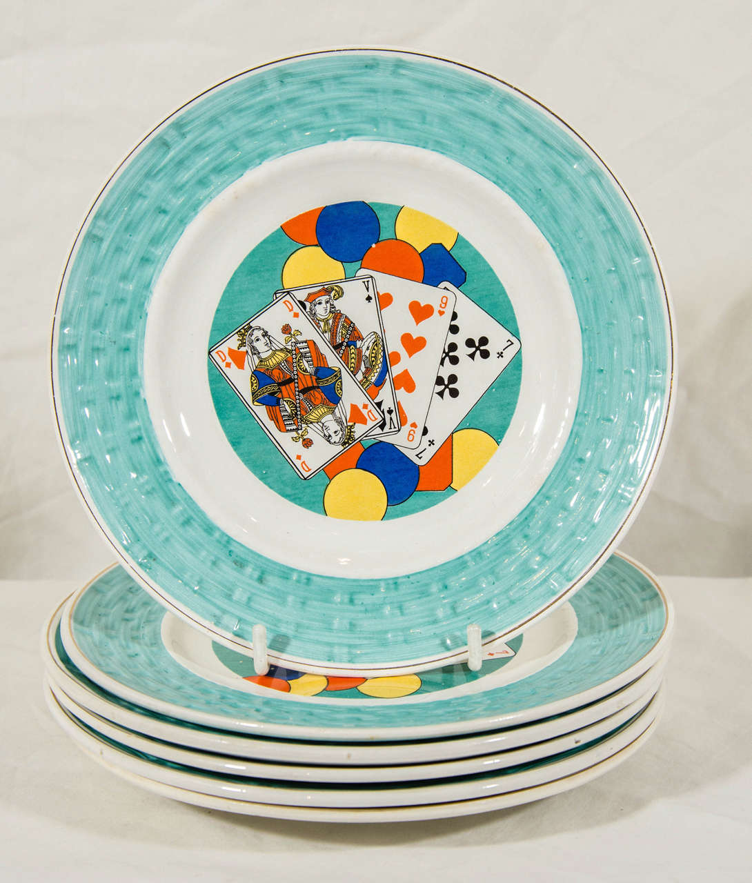 Set of 11 French Turquoise Dishes Decorated with Playing Cards In Excellent Condition In Katonah, NY