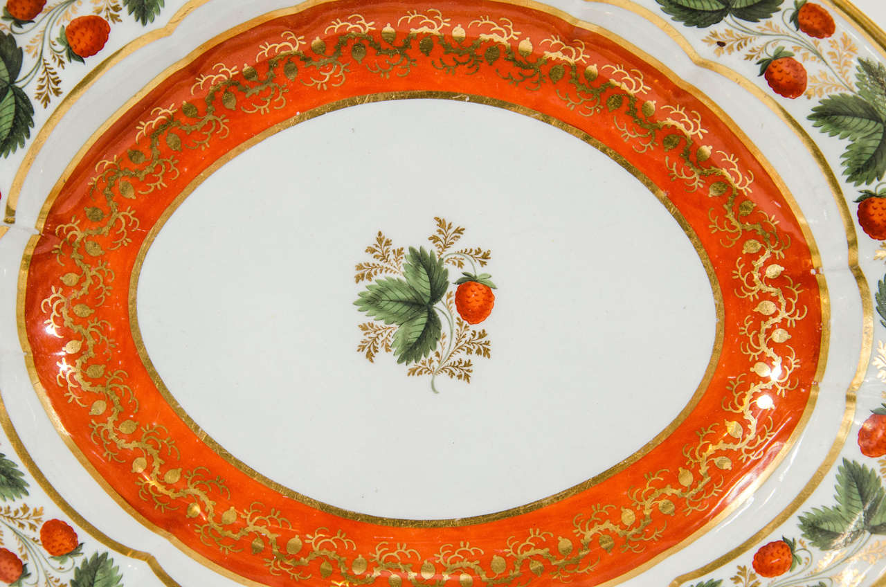 Neoclassical Large Flight & Barr Worcester Shaped Dish Decorated with Strawberries