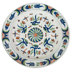 Polychrome Delft Charger Painted in Green Blue and Brick Red