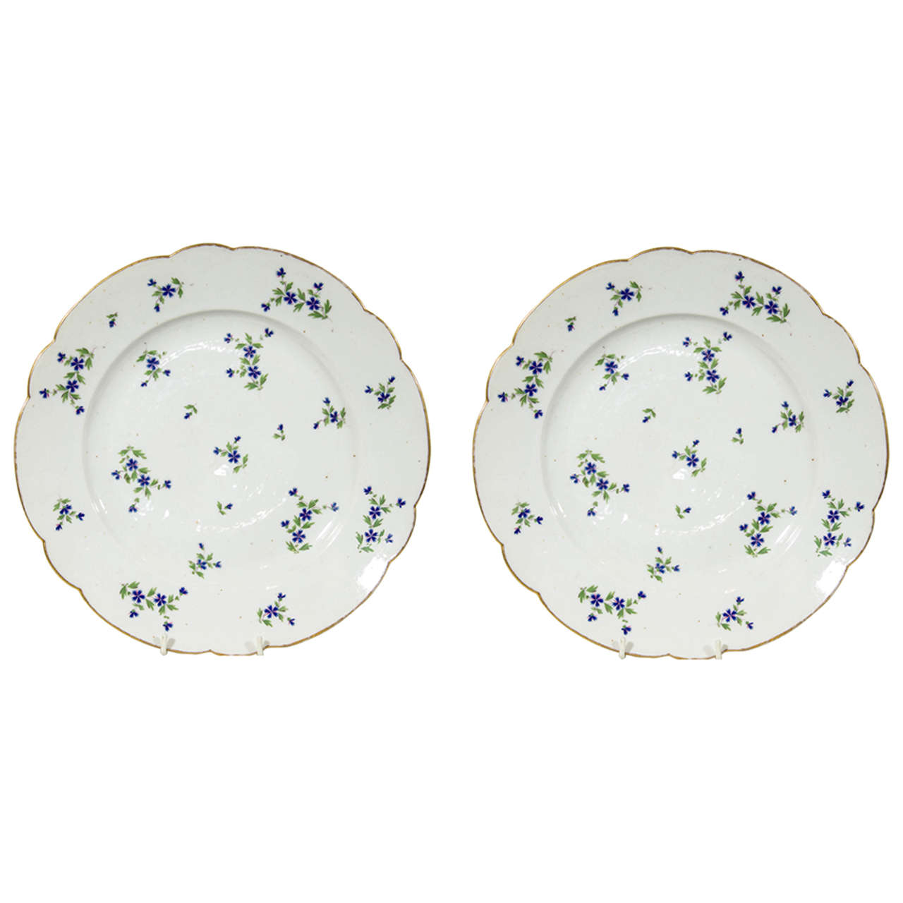 Pair Large Antique Porcelain Dishes Painted in Cornflower Sprig Pattern