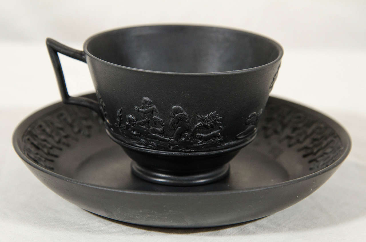 Neoclassical Rare Set of a Dozen Wedgwood Black Basalt Tea Cups and Saucers