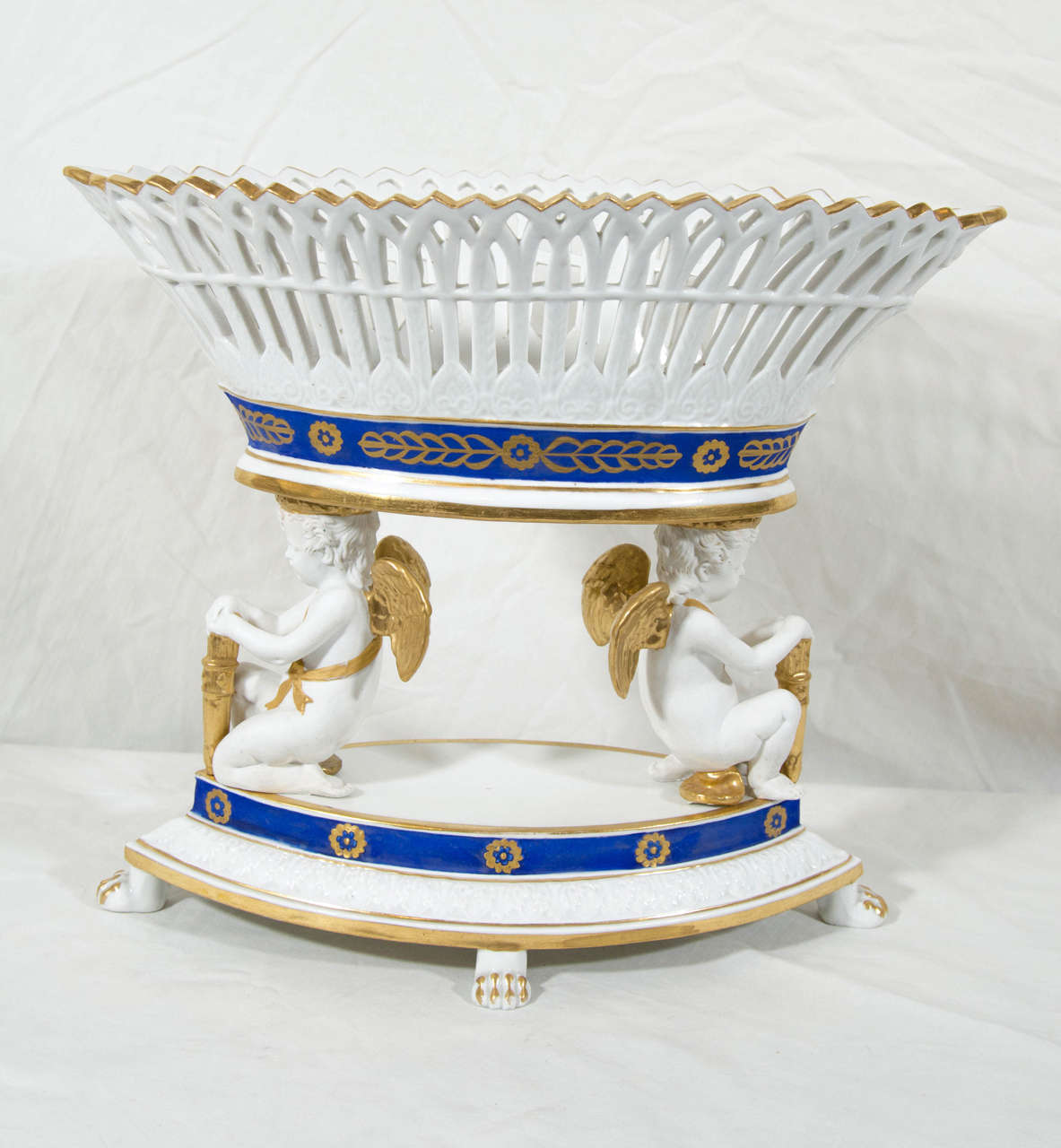 Pair of Antique French Porcelain Baskets with Bands of Cobalt Blue and Gilt
