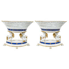 Pair of Antique French Porcelain Baskets with Bands of Cobalt Blue and Gilt