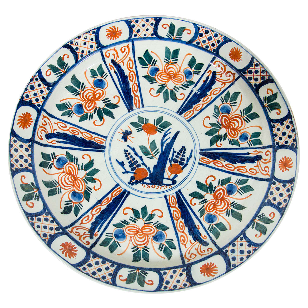 Antique Delft Charger Polychrome  Painted Red Green Blue