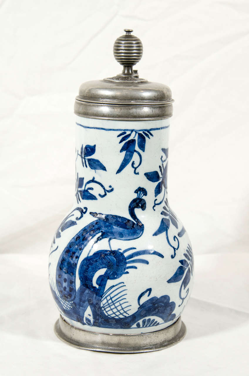 Blue and White Delft Tankard with Pewter Lid