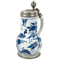 Blue and White Delft Tankard with Pewter Lid